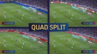 four pictures of a soccer game with the words quad split