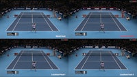 four different shots of a tennis player on a tennis court